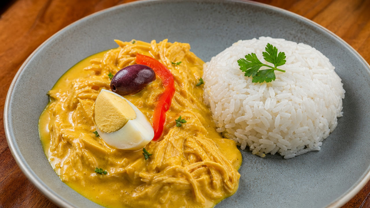 Ají de gallina con arroz graneado, huevo y aceituna