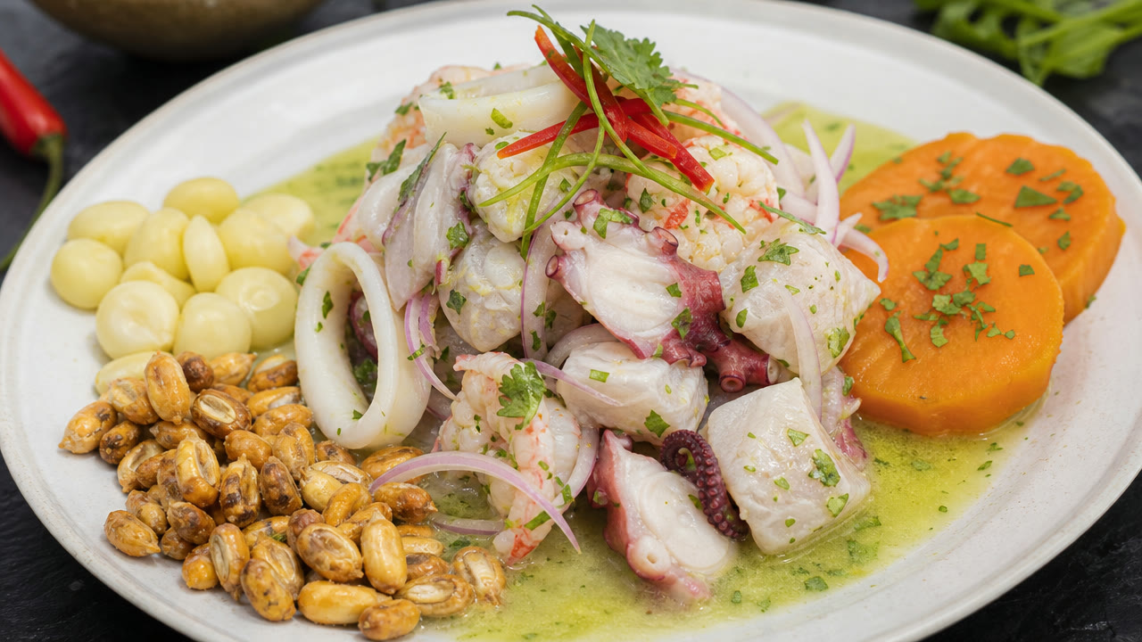 Ceviche Tunki Pe: pescado, camarón, pulpo y calamar con choclo, camote y cancha