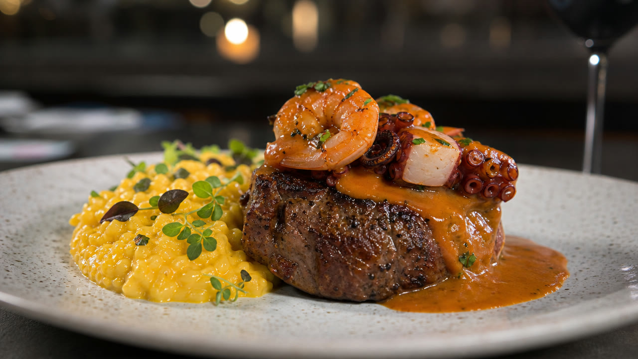 Filete mar y tierra con camarones, pulpo y risotto al ají amarillo