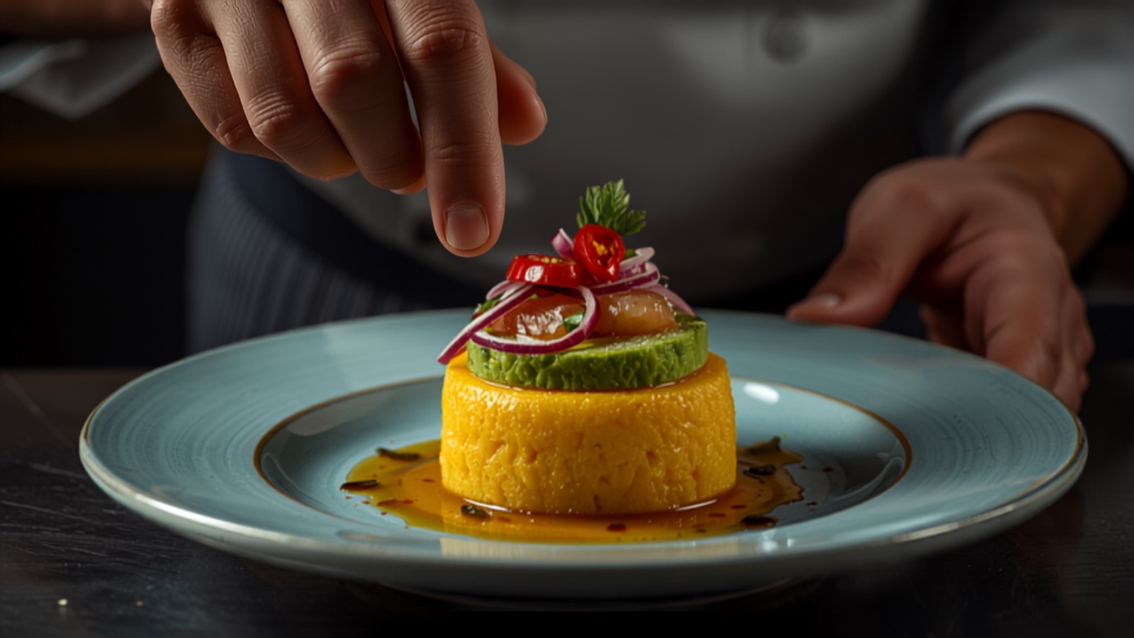 Manos de un chef montando una causa limeña sobre un plato de cerámica celeste